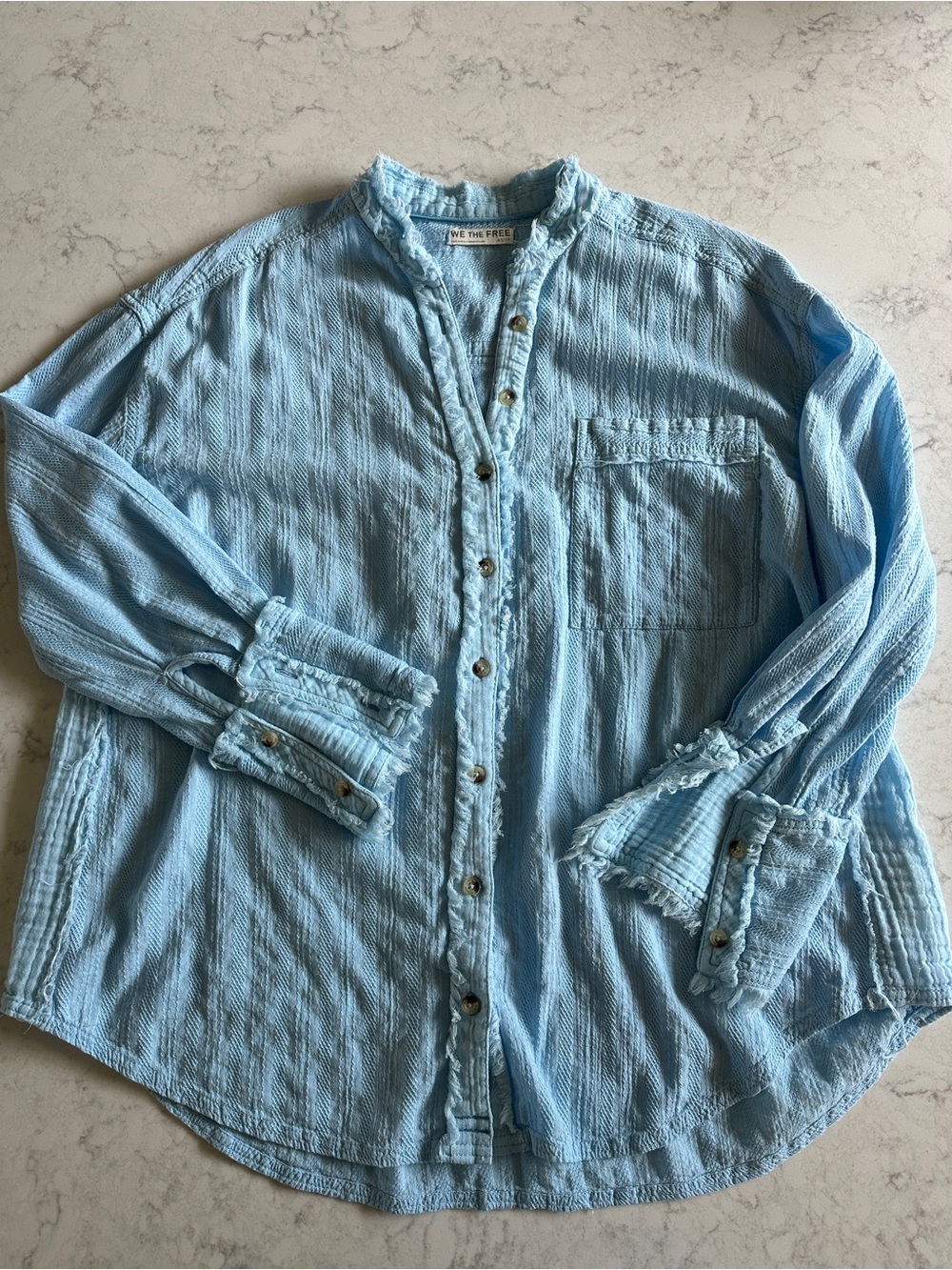 We The Free Pale Blue Crinkled Button-Up Shirt